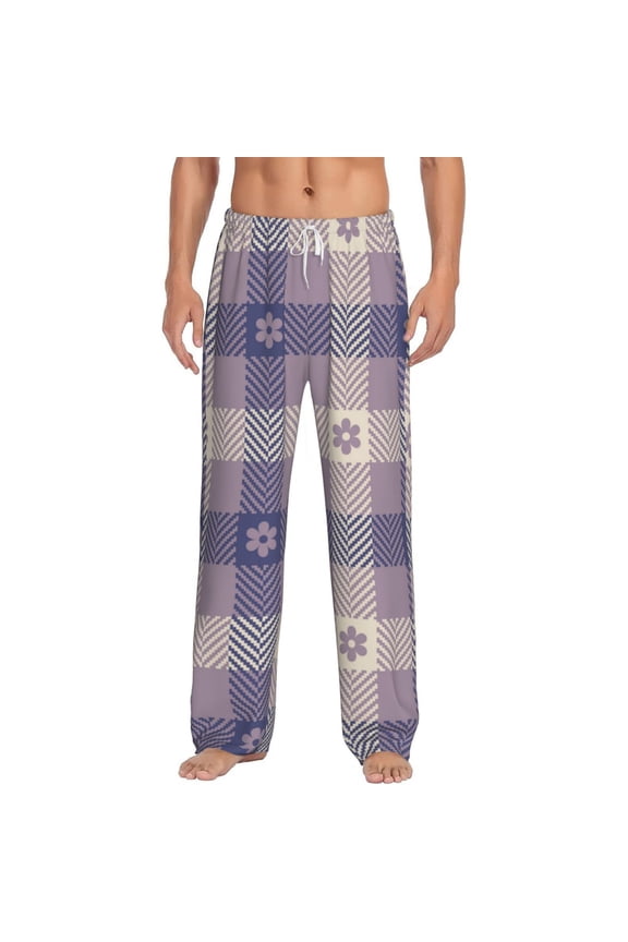 Purple Floral Gingham Check Plaid for Women's PJ Pajama Pants Sleep Pants Women's Home Trousers with Pockets,S-3XL-3X-Large