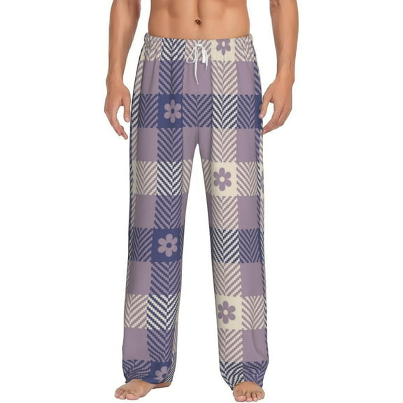 Hirioo Purple Floral Gingham Check Plaid for Men's PJ Pajama Pants Sleep Pants Men's Home Trousers with Pockets,S-3XL-Medium