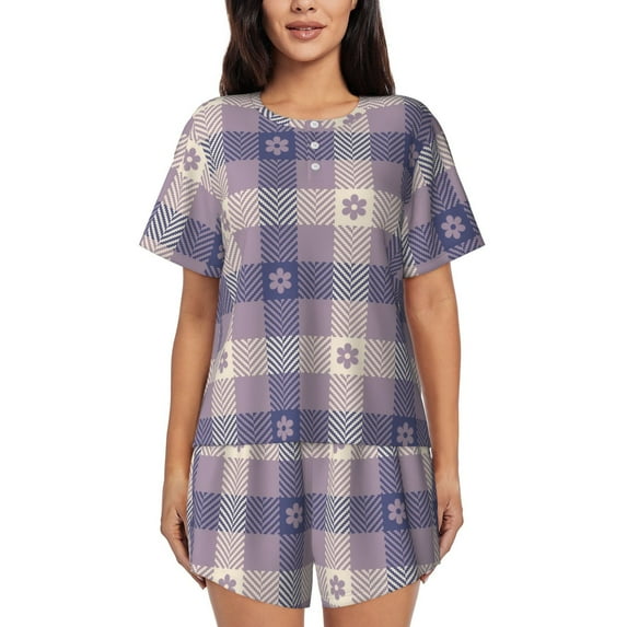 Hirioo Purple Floral Gingham Check Plaid for Women's 2 Piece Short-Sleeved Pajama PJ Sets for Women Shorts with Pockets Womens Lounge Set-Large