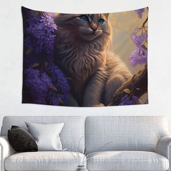 Hirioo Purple Flower Lazy Cat Print Tapestry Lightweight Fabric for Bedroom Aesthetic Home Wall Dorm Décor Living Room Decor 29x37 Inch