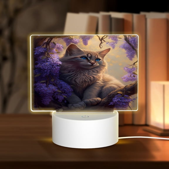 Hirioo Purple Flower Lazy Cat for Rectangular Acrylic with Night Light Best Gifts for Lover Girl Mom, Valentine's Day Anniversary Birthday Wedding Present