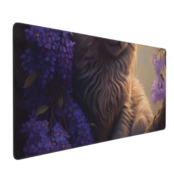 Hirioo Purple Flower Lazy Cat for Mouse Pad ,Anti-Slip Base, Durable Stitched Edges, Perfect for Gaming, Office, and Home Use,16x35.5in