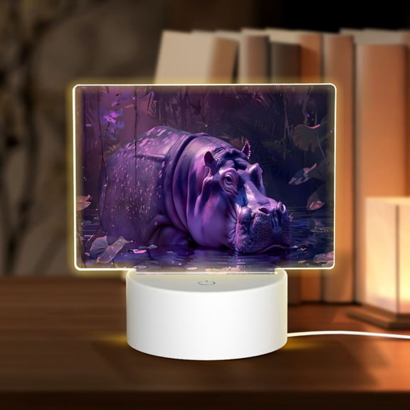 Hirioo Purple Hippo In Water for Rectangular Acrylic with Night Light Best Gifts for Lover Girl Mom, Valentine's Day Anniversary Birthday Wedding Present