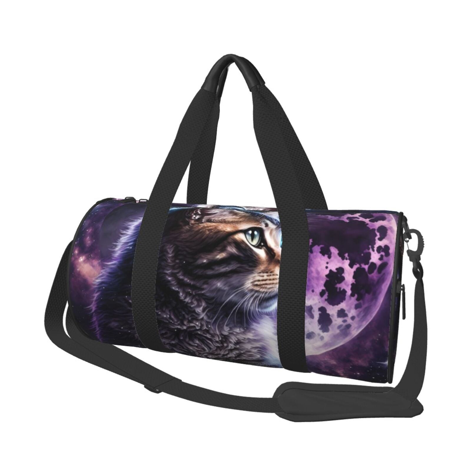 Hirioo Purple Moon Cat for Round Large Capacity Travel Luggage Bag Weekend Getaway Bag for Gym Beach Swim Bag Men Women