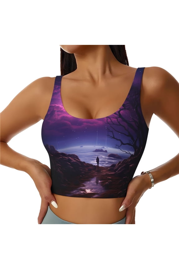 Purple Moon Tree Night Sky for Women's Sports Vest with Full-Print Design, Stretchy Fabric and Removable Pads-XX-Large