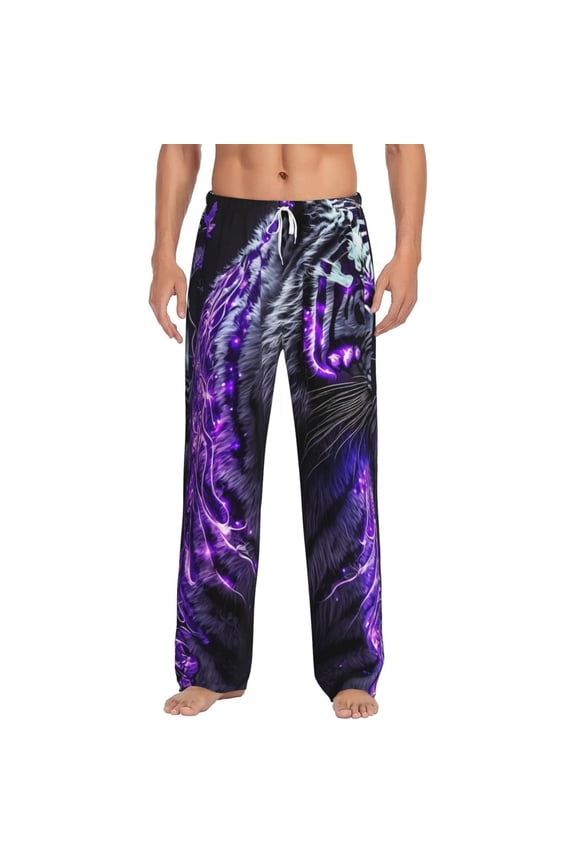 Purple Plant White Tiger for Men's PJ Pajama Pants Sleep Pants Men's Home Trousers with Pockets,S-3XL-XX-Large