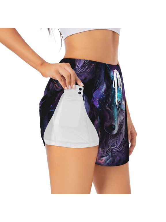 Purple Sky Wolf for Women's Double Layer Athletic Shorts High-Performance Gym Shorts with Inner Pocket, Elastic Waistband-Large