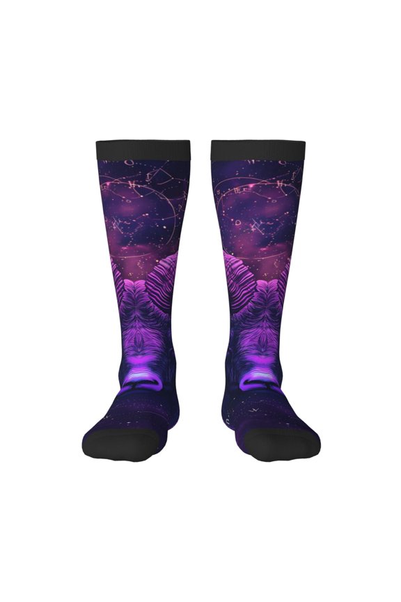 Purple Starry Sky Antelope for Adult Stockings Breathable Sock Non-Pilling,Contrasting Color Design