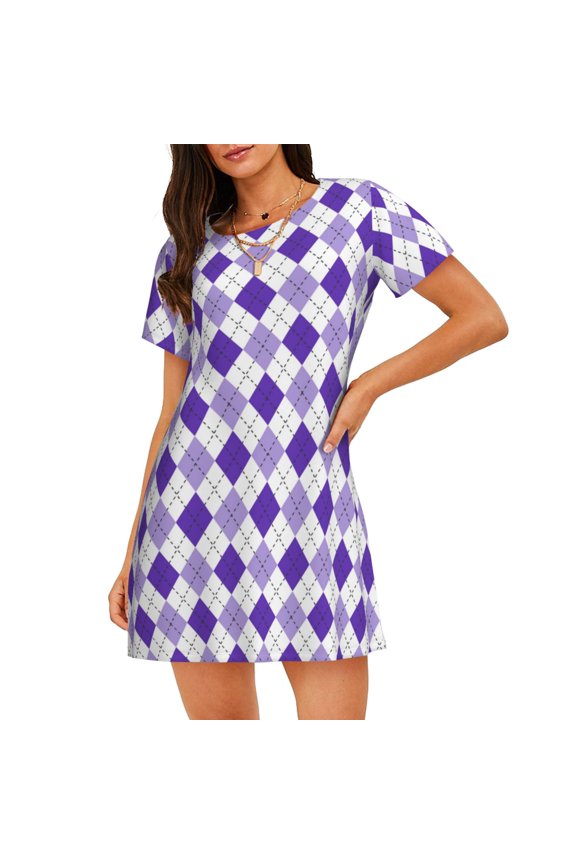 Purple argyle for Women’s Nightdress Comfortable Short Sleeve Nightwear Casual Sleep Dress