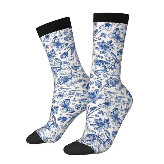 Hirioo Rabbit And Butterfly Pattern Adult Middle Tube Socks Breathable Sock Non-Pilling,Contrasting Color Design