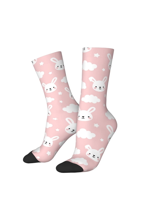 Rabbit And Cloud Pattern Adult Middle Tube Socks Breathable Sock Non-Pilling,Contrasting Color Design