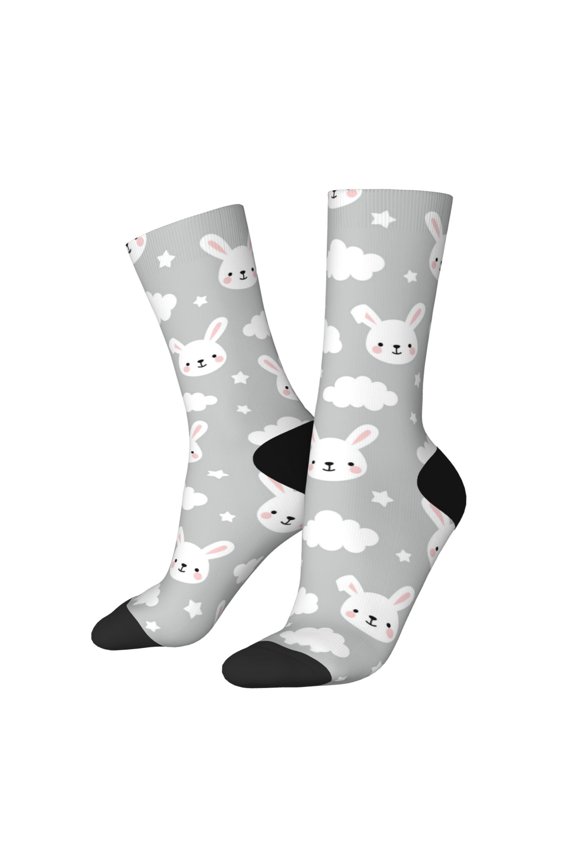 Rabbit And Cloud Pattern Adult Middle Tube Socks Breathable Sock Non-Pilling,Contrasting Color Design