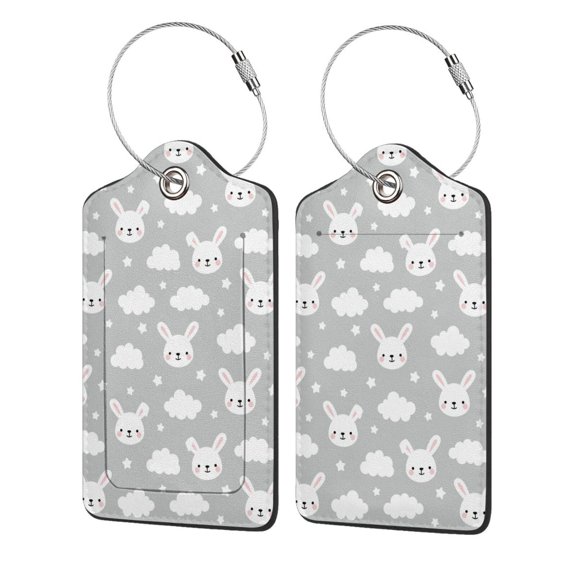 Hirioo Rabbit And Cloud Print Leather Luggage Tag with Stainless Steel Loop ,Privacy Flap and Address Card for Travel Bag Suitcase-4 PCS