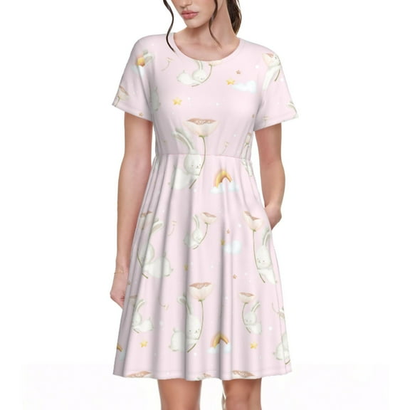 Hirioo Rainboe And Rabbit for Short Sleeve Dress Women's Short Sleeve Dress with Pockets