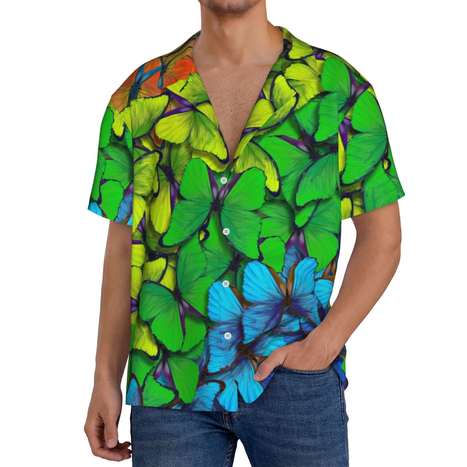 Orange And Blue Butterfly Print Men's Short Sleeve Shirt