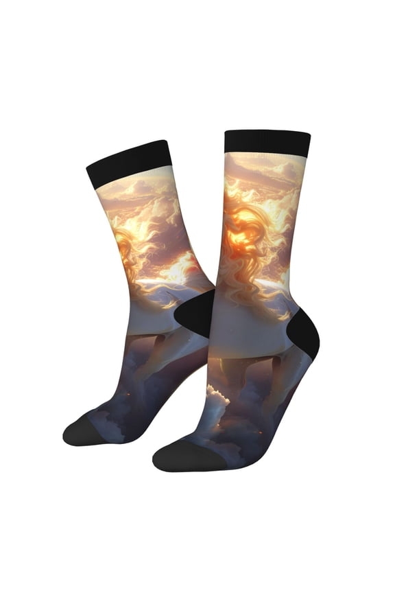 Rainbow Cloud White Horse Pattern Adult Middle Tube Socks Breathable Sock Non-Pilling,Contrasting Color Design