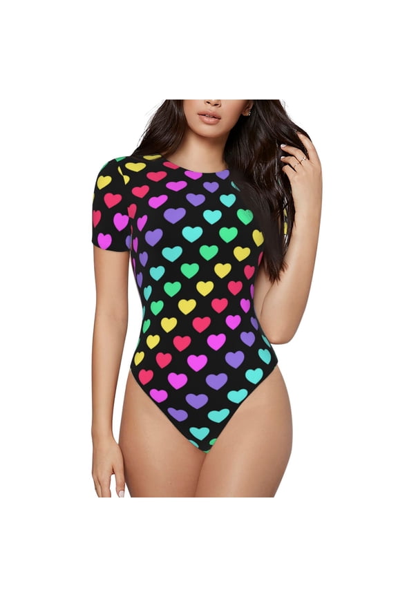 Rainbow Hearts for Women's Round Neck Short-sleeved Onesie Basic Bodysuits-X-Large