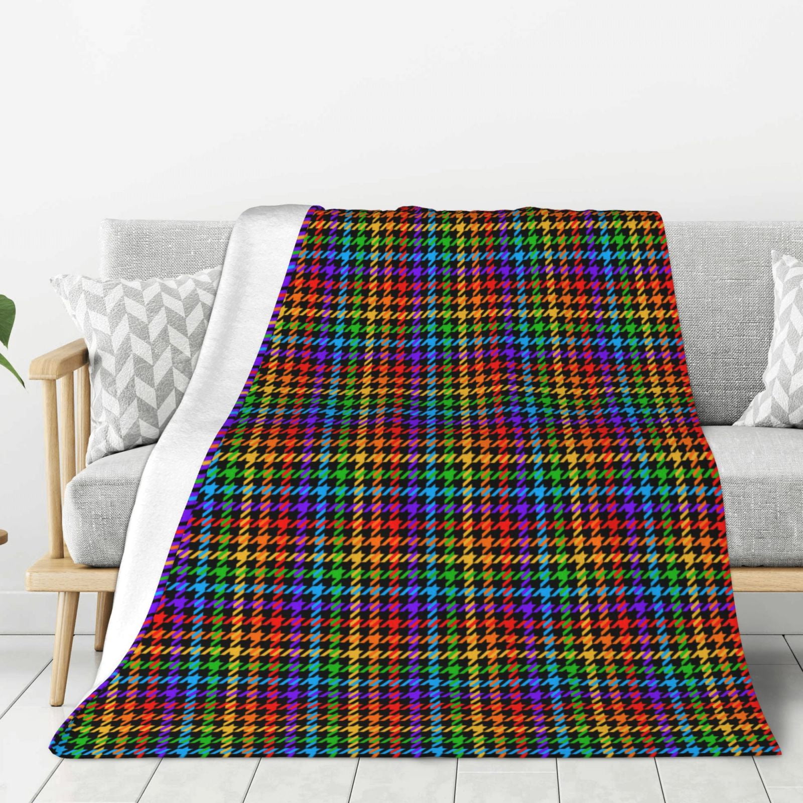 Hirioo Rainbow Houndstooth for Flannel Blanket, Cozy and Warm Throw for Bed or Couch ,Perfect for All Seasons-80"x60"