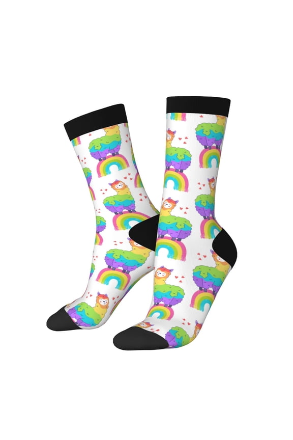 Rainbow Llama Pattern Adult Middle Tube Socks Breathable Sock Non-Pilling,Contrasting Color Design