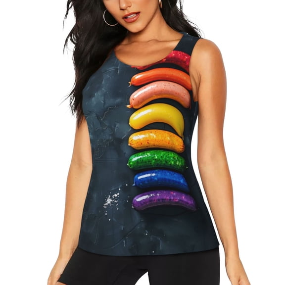 Hirioo Rainbow Sausages On Dark Slate for Women's Workout Tank Top Sleeveless Workout Tops Athletic Gym Shirts-Medium