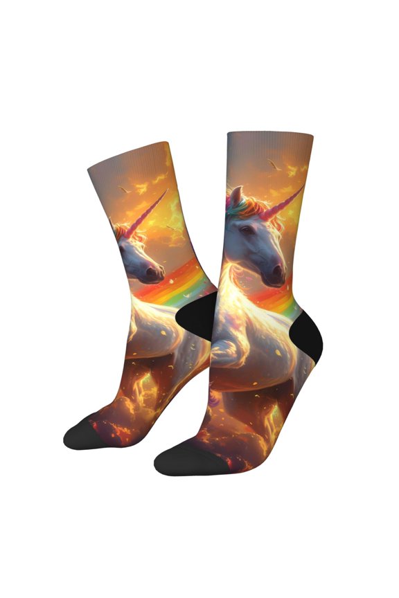 Rainbow Sunset Cloud White Horse Pattern Adult Middle Tube Socks Breathable Sock Non-Pilling,Contrasting Color Design