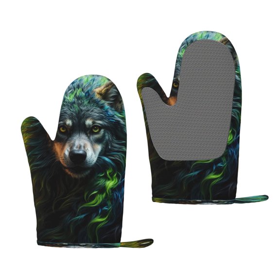Hirioo Realistic Style Colorful Wolf A for Silicone Oven Mitts for BBQ, Baking, Cooking, Set of 2, Heat Resistant 260, Non-Slip Kitchen Essentials