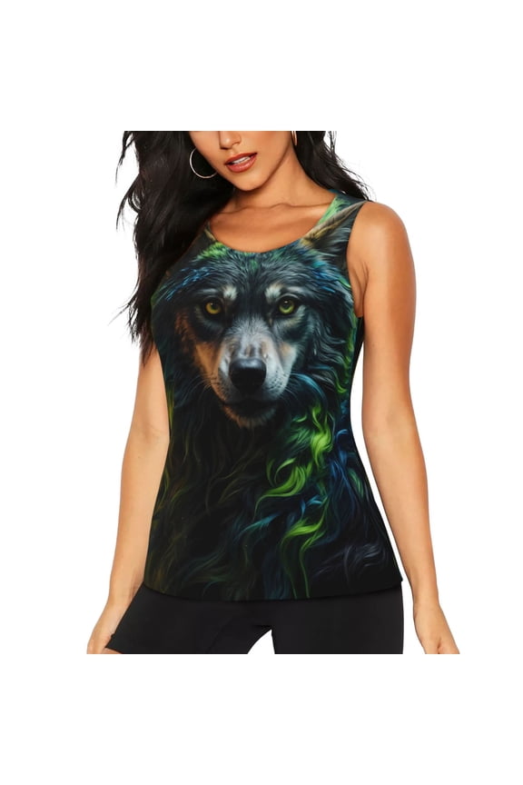 Realistic Style Colorful Wolf A for Women's Workout Tank Top Sleeveless Workout Tops Athletic Gym Shirts-Medium