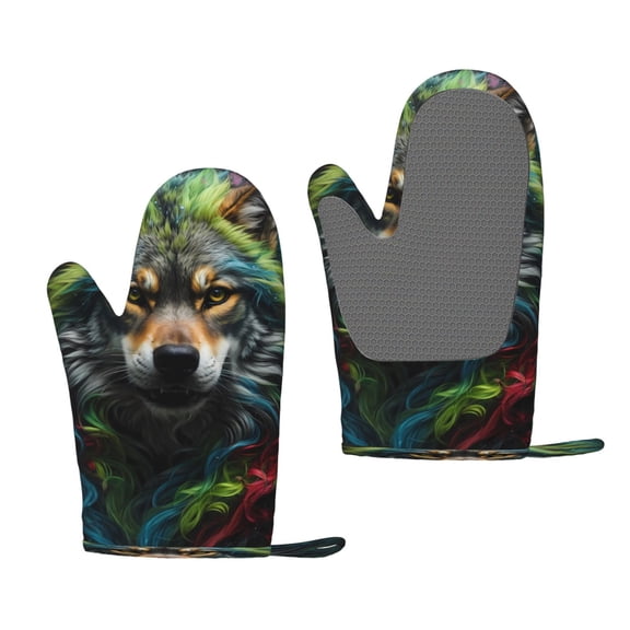 Hirioo Realistic Style Colorful Wolf for Silicone Oven Mitts for BBQ, Baking, Cooking, Set of 2, Heat Resistant 260, Non-Slip Kitchen Essentials