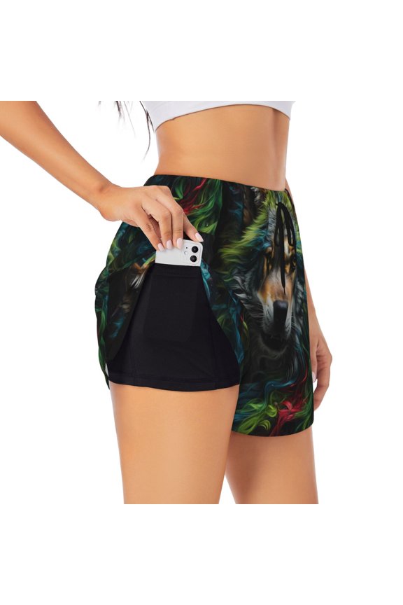 Realistic Style Colorful Wolf for Women's Double Layer Athletic Shorts High-Performance Gym Shorts with Inner Pocket, Elastic Waistband-Small