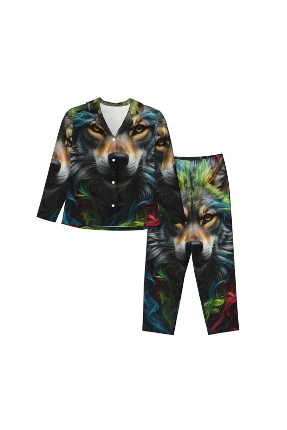 Realistic Style Colorful Wolf for Women's Pajama Sets 2 Piece Pjs Women's Long-Sleeved Pajama Set Button Down Sleepwear,S-XXL-Medium