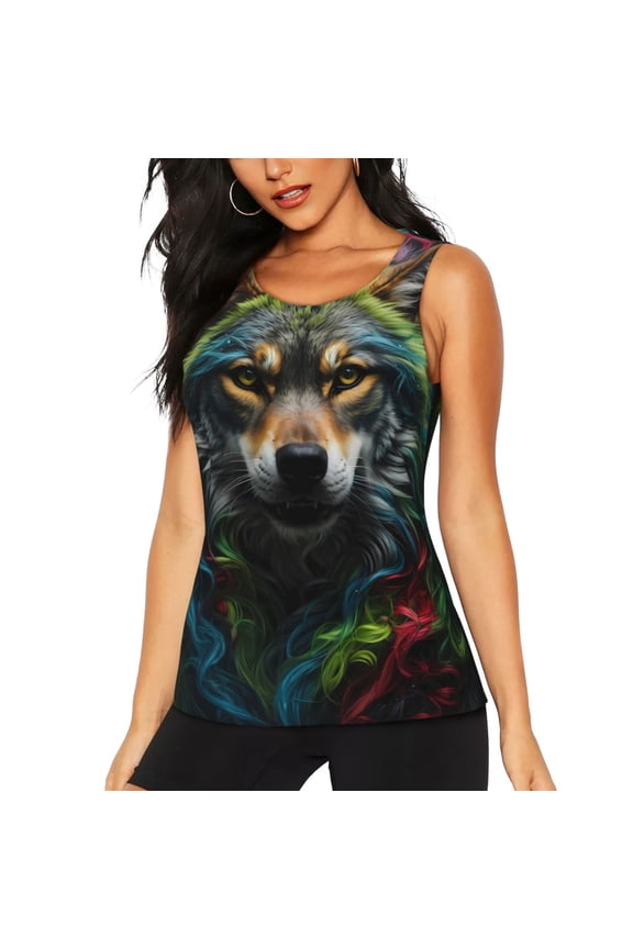 Realistic Style Colorful Wolf for Women's Workout Tank Top Sleeveless Workout Tops Athletic Gym Shirts-Small
