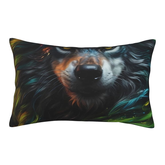 Hirioo Realistic Style Green Fur Wolf for Plush Pillow Cover for Bedroom and Living Room ,Elegant, Comfortable Home Decor-16"x24"