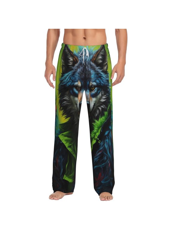 Realistic Style Wolf Warrior for Men's PJ Pajama Pants Sleep Pants Men's Home Trousers with Pockets,S-3XL-3X-Large