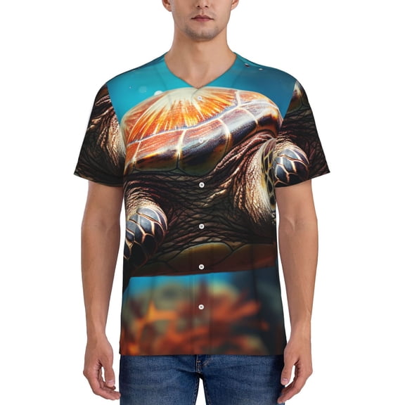 Hirioo Realistic Turtle for Men's Baseball T-shirt Shirts Short Sleeve Casual Summer Button Stretch T Shirts,Size S-4XL-XX-Large