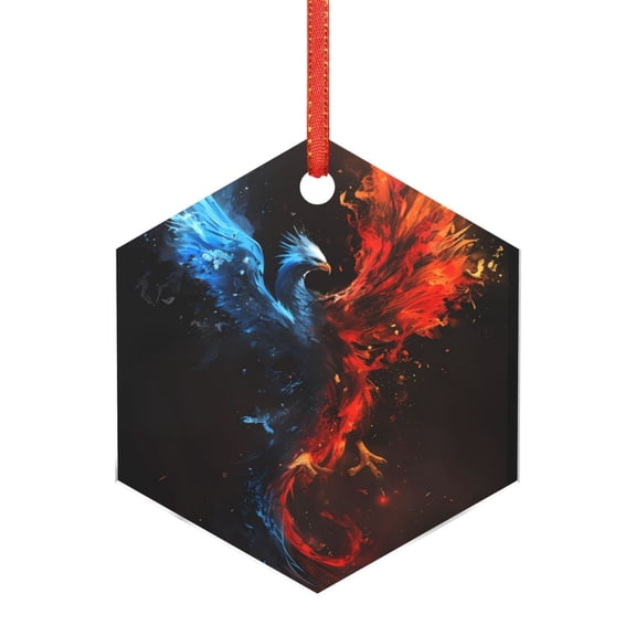 Hirioo Red And Blue Fire Bird for Acrylic Christmas Pendant Hanging Christmas Tree Ornaments, Car, Home, Office Gift Decor-Hexagon