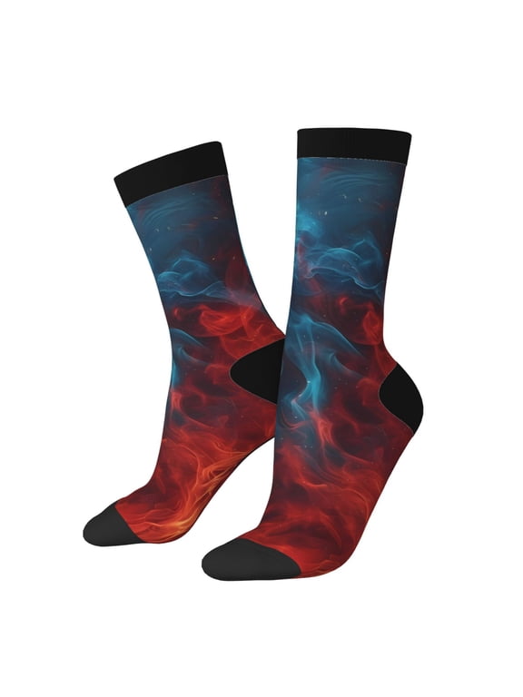 Red And Blue Fire Pattern Adult Middle Tube Socks Breathable Sock Non-Pilling,Contrasting Color Design