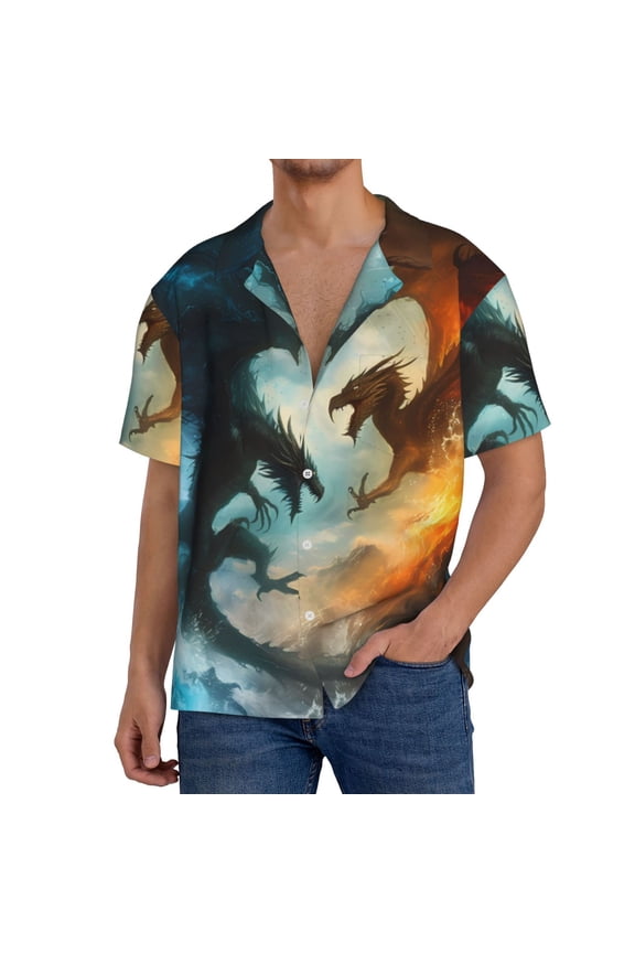 Red And Blue Flame Wave Dragon for Men's Cuban Collar Short Sleeve Shirt Button Down Shirt Beach Summer Shirts Wedding Vacation Shirts-Large