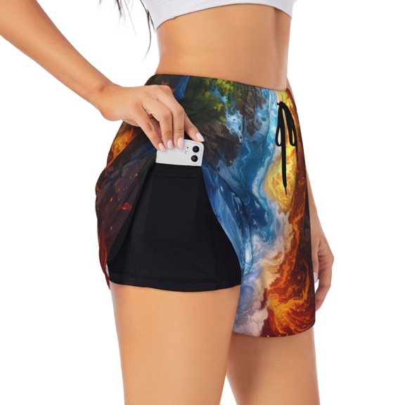 Hirioo Red And Blue Flame Waves for Women's Double Layer Athletic Shorts High-Performance Gym Shorts with Inner Pocket, Elastic Waistband-Large