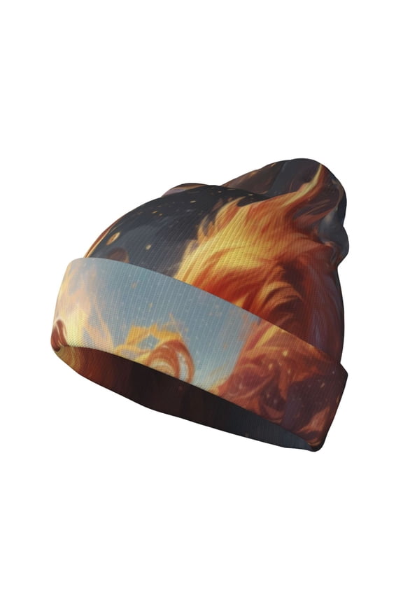 Red And Gray Flame Fox for Men's Knit Cuffed Beanie for Outdoor Activities Unisex