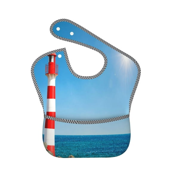 Hirioo Red And White Lighthouse for Baby Waterproof Pocket Bib Adjustable Closed for Babies Toddlers with Large Pocket 6-24Months