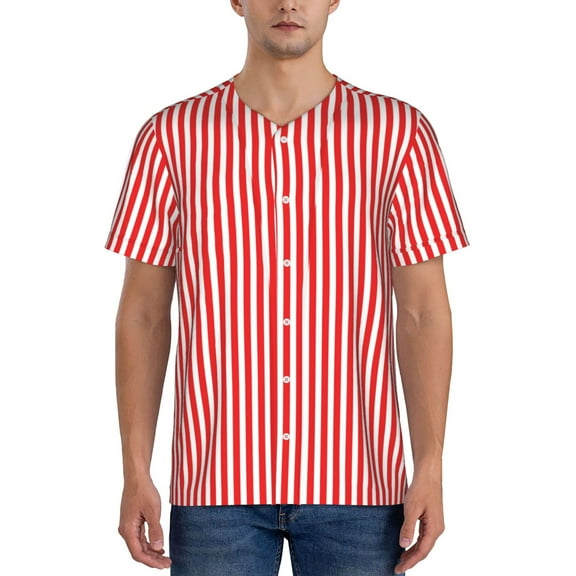 Hirioo Red And White Stripes for Men's Baseball T-shirt Shirts Short Sleeve Casual Summer Button Stretch T Shirts,Size S-4XL-X-Large