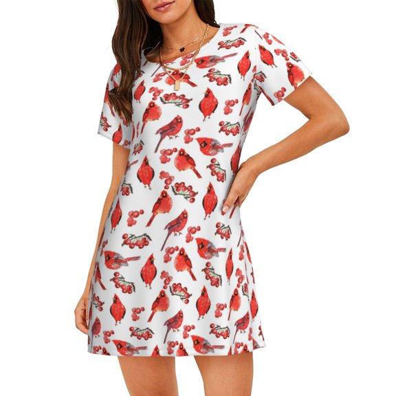 Hirioo Red Birds for Women's Nightdress Comfortable Short Sleeve Nightwear Casual Sleep Dress