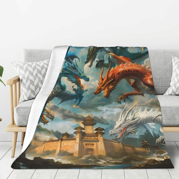 Hirioo Red Blue Dragon Battle Epic for Flannel Blanket, Cozy and Warm Throw for Bed or Couch ,Perfect for All Seasons-80"x60"