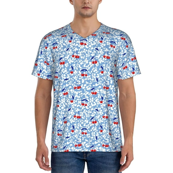 Hirioo Red Cherries for Men's Baseball T-shirt Shirts Short Sleeve Casual Summer Button Stretch T Shirts,Size S-4XL-4X-Large