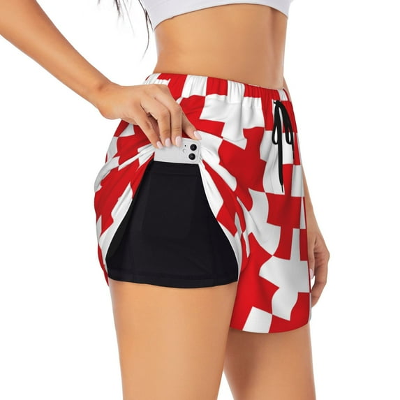 Hirioo Red Cross 1 for Women's Double Layer Athletic Shorts High-Performance Gym Shorts with Inner Pocket, Elastic Waistband-XX-Large