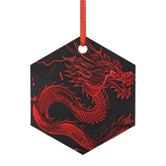 Hirioo Red Dragon On Black for Acrylic Christmas Pendant Hanging Christmas Tree Ornaments, Car, Home, Office Gift Decor-Hexagon