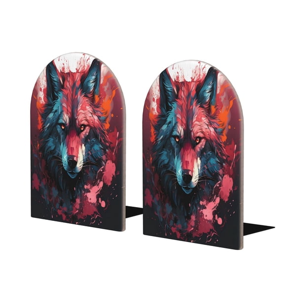 Hirioo Red Flame Wolf Head for Bookends Decorative Bookends for Shelves for Home or Office, Non-Slip Base