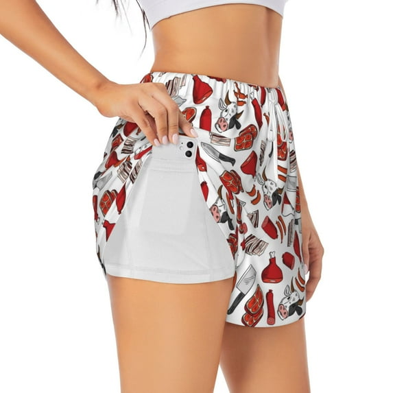 Hirioo Red Food for Women's Double Layer Athletic Shorts High-Performance Gym Shorts with Inner Pocket, Elastic Waistband-Medium