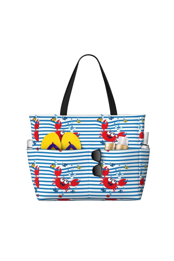 Red Funny Crab on Blue Stripe for Large Capacity Beach Travel Bag for Women Men Foldable Beach Bags, Ideal for Travel, Beach, Pool, Picnic, and Family Outings