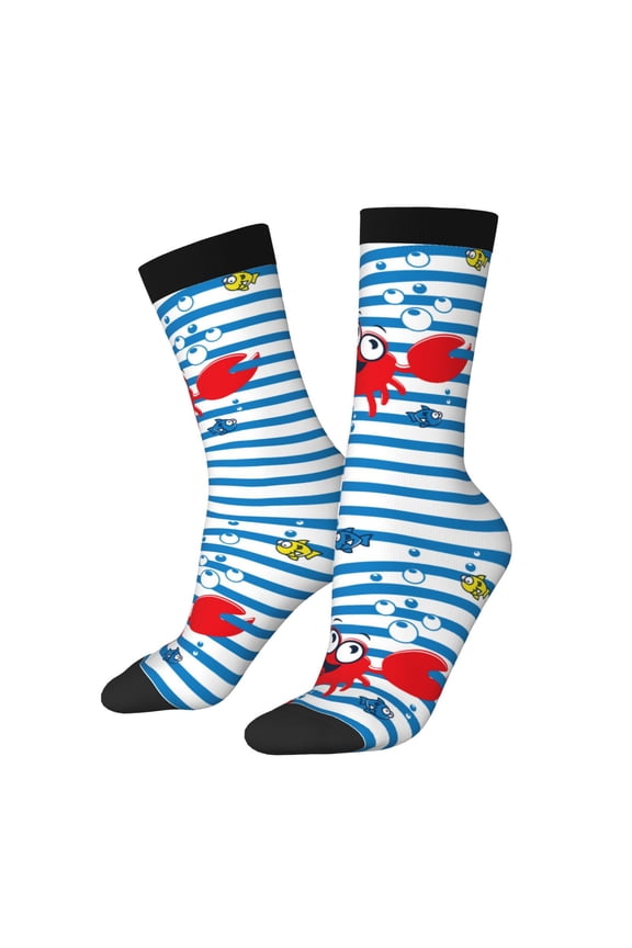 Red Funny Crab on Blue Stripe Pattern Adult Middle Tube Socks Breathable Sock Non-Pilling,Contrasting Color Design